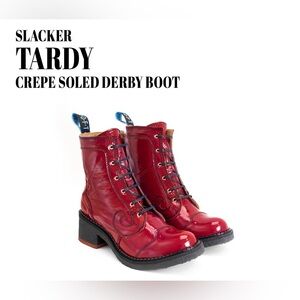 Fluevog LIKE NEW Slacker Tardy red patent lace-up crepe sole boot -8.5 (fit 8)